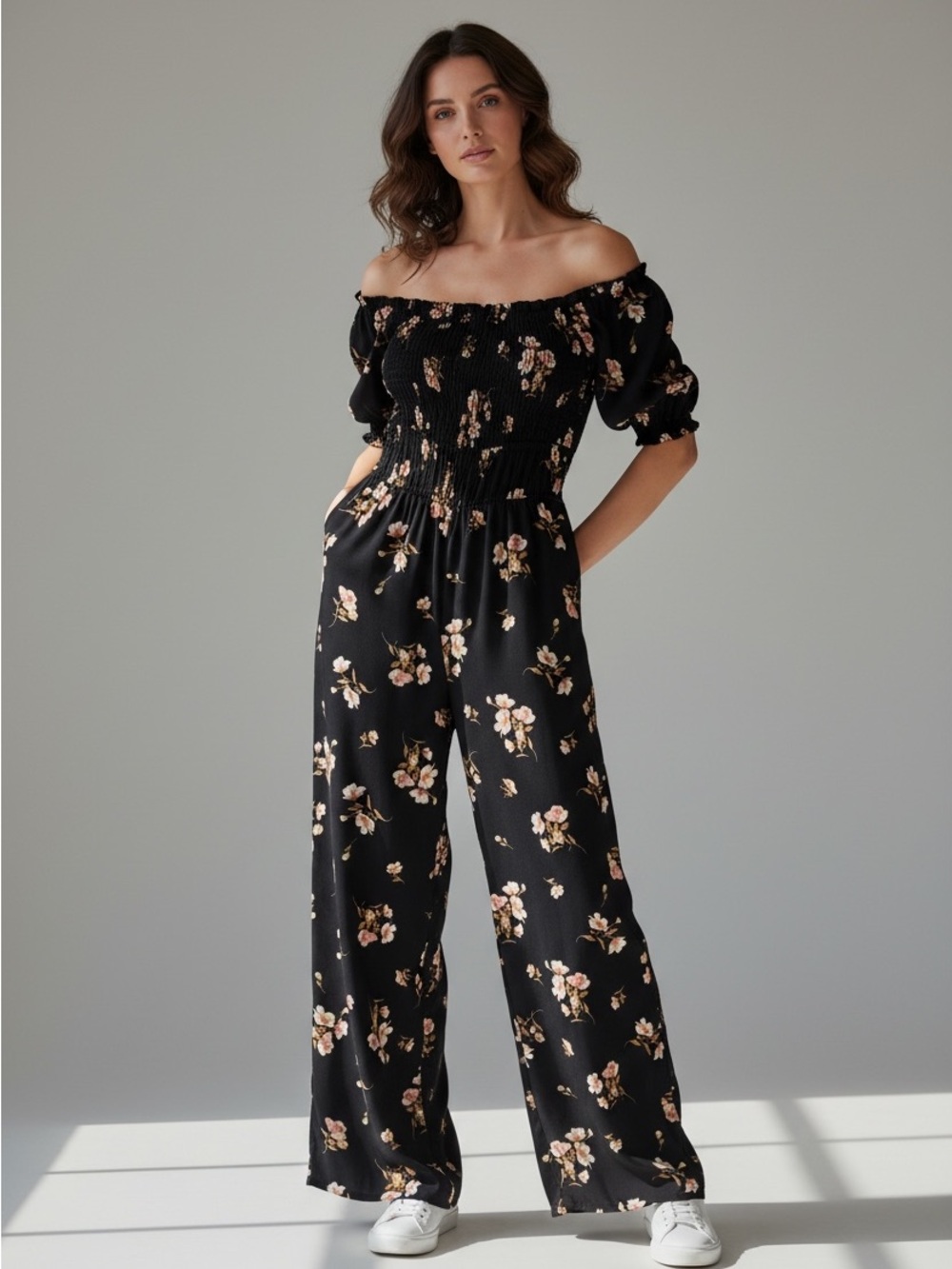 Inspired Hearts Smocked Jumpsuit Black Floral Puff-Sleeve Jumper
